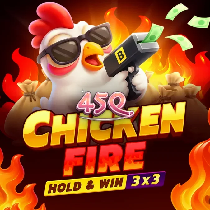 Interface do jogo de slot Chicken Fire com símbolos de moedas e galinhas.